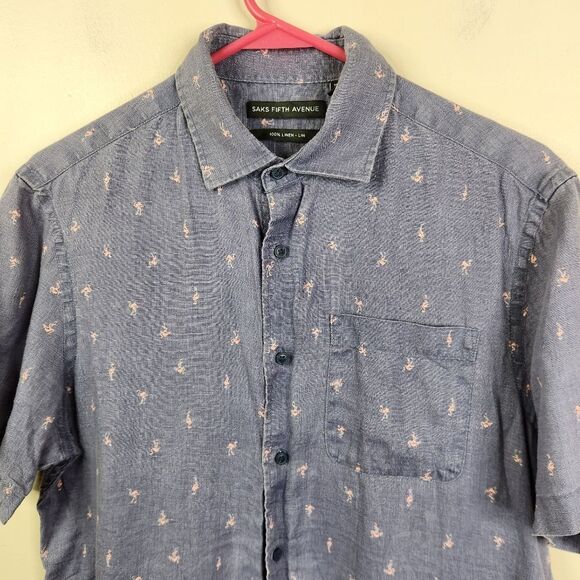 Saks Fifth Avenue Mens Linen Flamingo AOP Short Sleeve Button Down Shirt Small - Picture 3 of 6